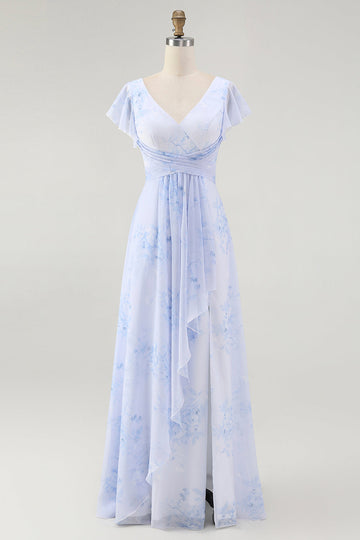 Blå Blommig En linje V-hals Chiffong Lång Brudtärna Klänning med Slits